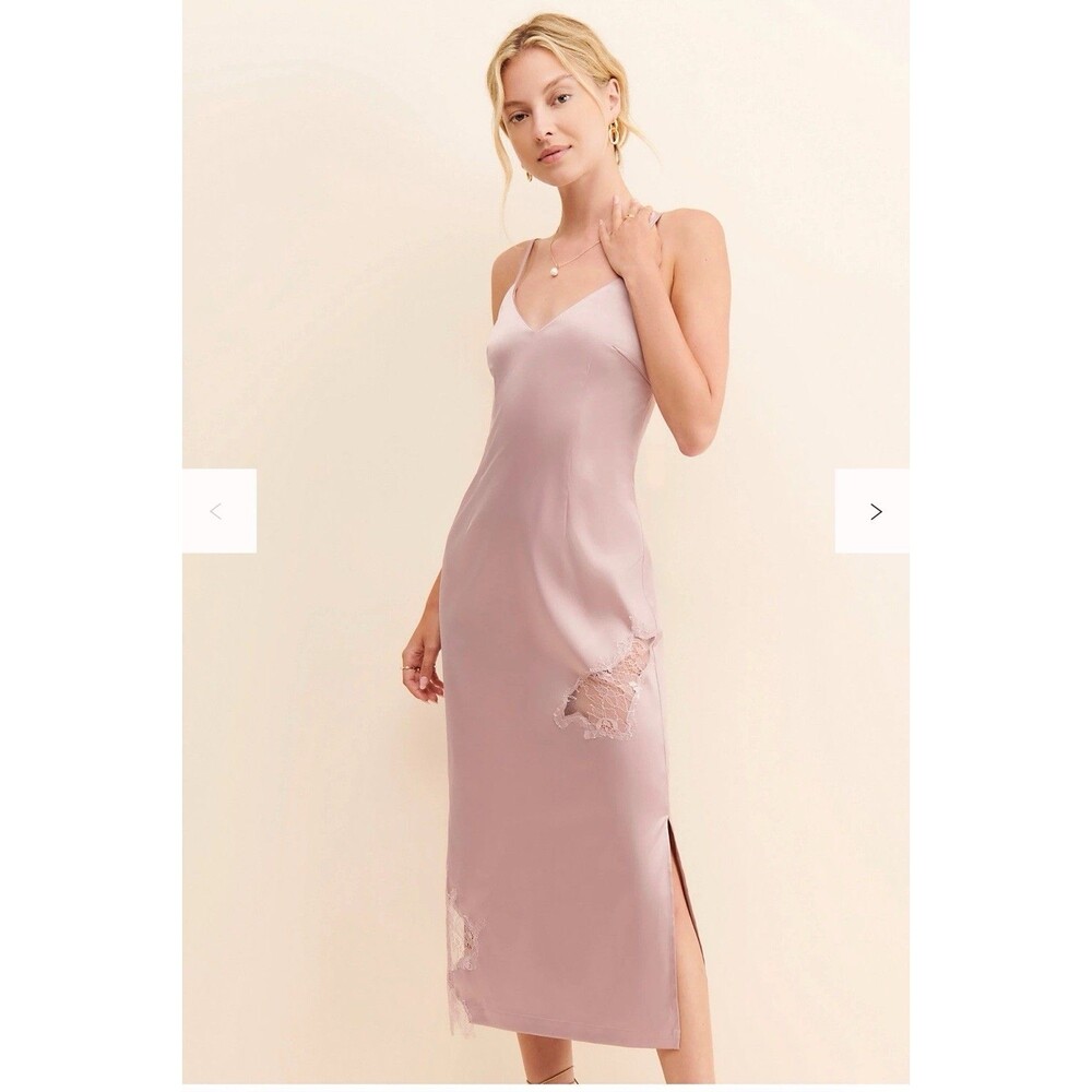 Allina Liu Calla Satin Slip Dress Size 6 Pink Lace Insets Open Back Tie Midi EUC